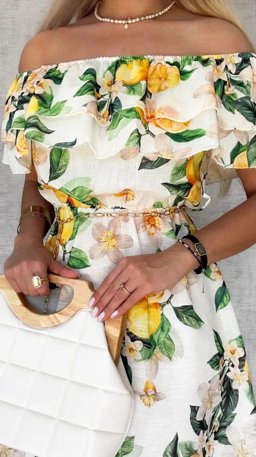 Lniana asymetryczna BIAŁA sukienka hiszpanka w cytryny - P731