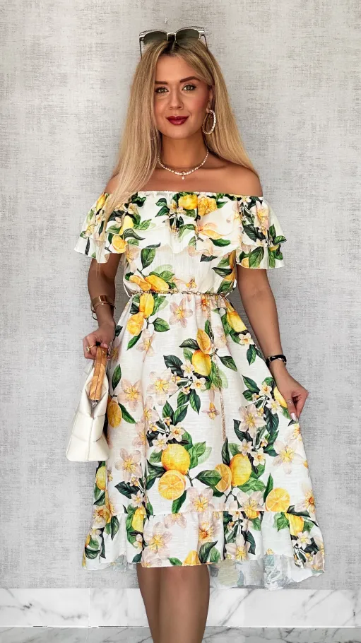 Lniana asymetryczna BIAŁA sukienka hiszpanka w cytryny - P731