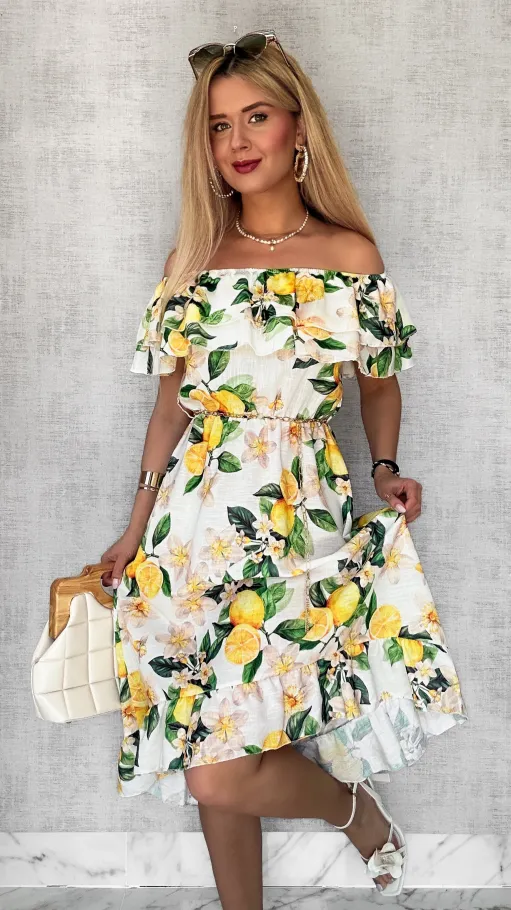 Lniana asymetryczna BIAŁA sukienka hiszpanka w cytryny - P731