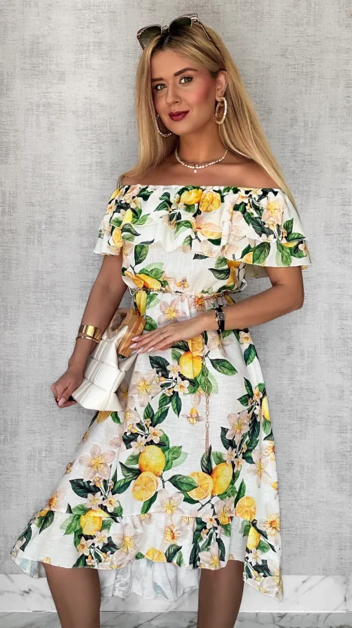 Lniana asymetryczna BIAŁA sukienka hiszpanka w cytryny - P731