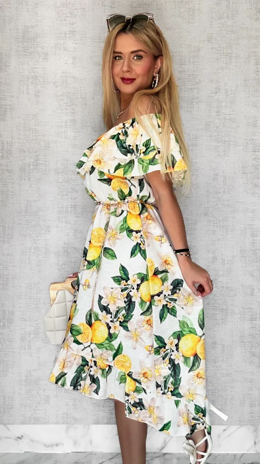 Lniana asymetryczna BIAŁA sukienka hiszpanka w cytryny - P731