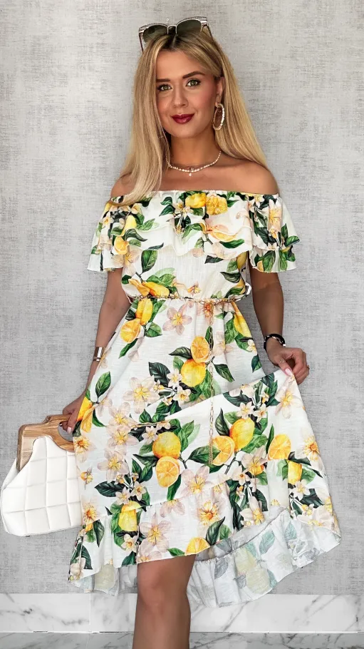 Lniana asymetryczna BIAŁA sukienka hiszpanka w cytryny - P731