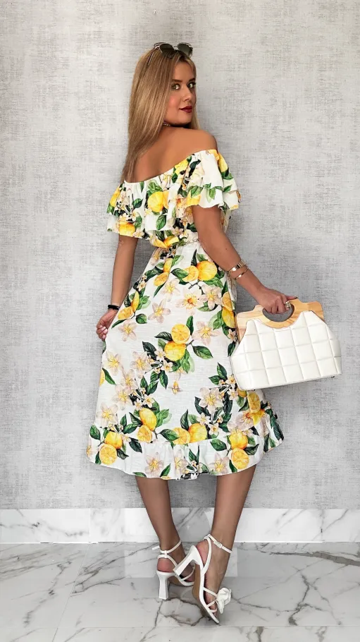 Lniana asymetryczna BIAŁA sukienka hiszpanka w cytryny - P731