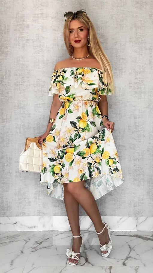 Lniana asymetryczna BIAŁA sukienka hiszpanka w cytryny - P731