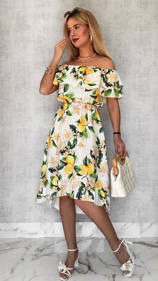 Lniana asymetryczna BIAŁA sukienka hiszpanka w cytryny - P731