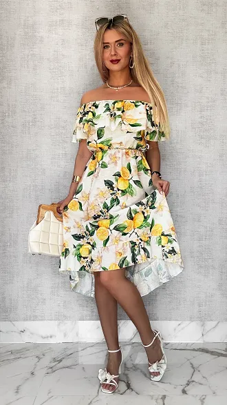 Lniana asymetryczna BIAŁA sukienka hiszpanka w cytryny - P731