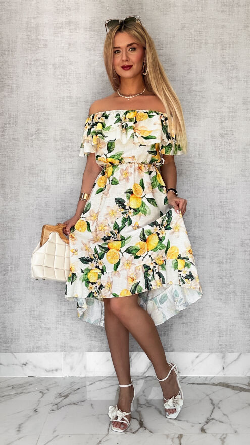 Lniana asymetryczna BIAŁA sukienka hiszpanka w cytryny - P731