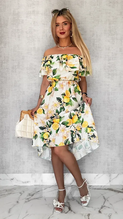 Lniana asymetryczna BIAŁA sukienka hiszpanka w cytryny - P731