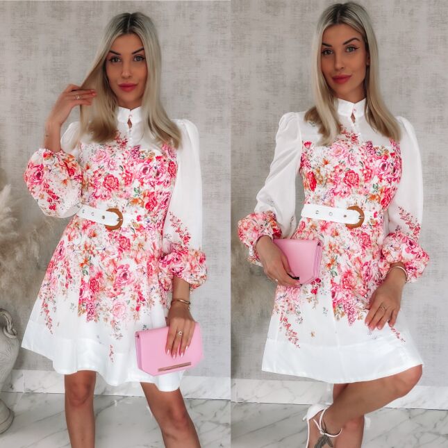 Elegancka wiosenna sukienka w różowo-czerwone kwiaty z paskiem - R740A