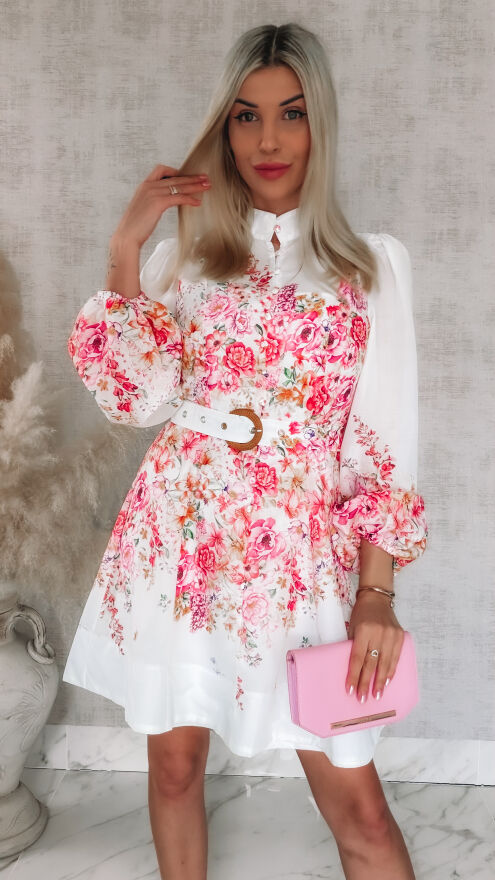 Elegancka wiosenna sukienka w różowo-czerwone kwiaty z paskiem - R740A
