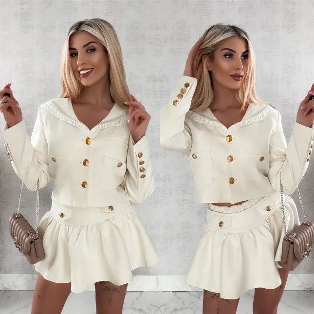 Elegancki komplet ecru MARYNARKA + spódnico spodenki - R393C