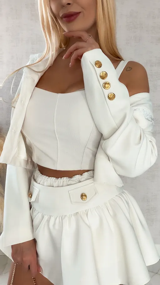 Elegancki komplet ecru MARYNARKA + spódnico spodenki - R393C