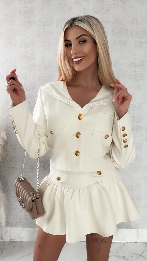 Elegancki komplet ecru MARYNARKA + spódnico spodenki - R393C