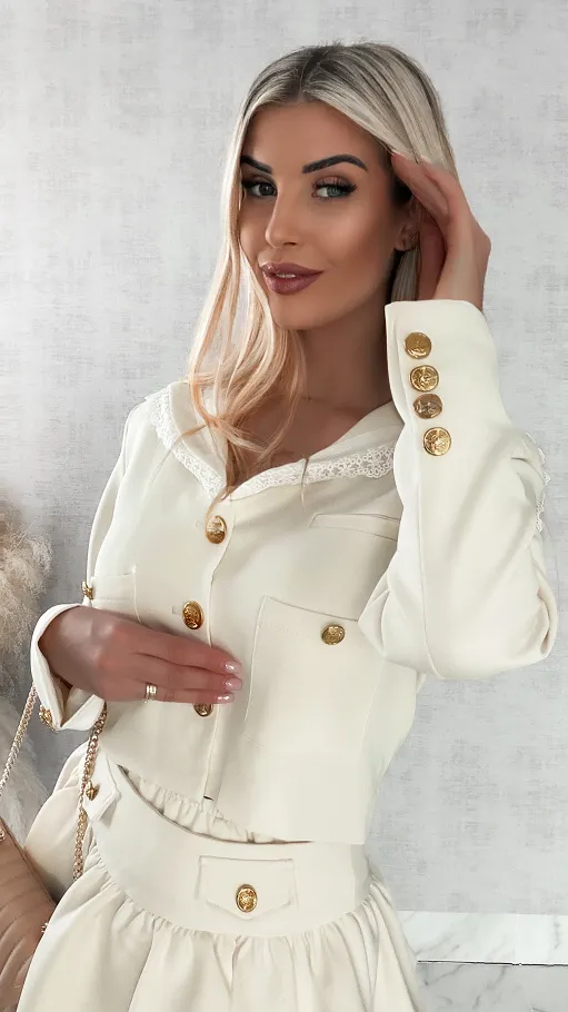Elegancki komplet ecru MARYNARKA + spódnico spodenki - R393C