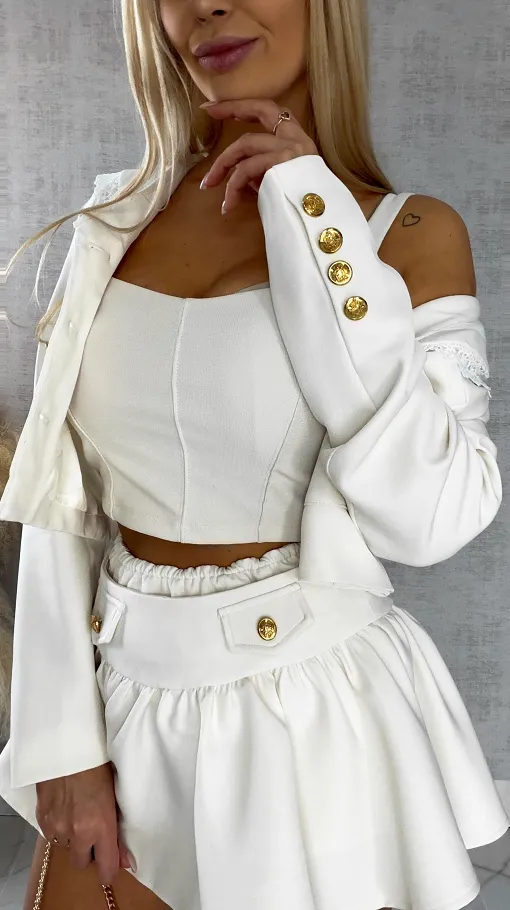 Elegancki komplet ecru MARYNARKA + spódnico spodenki - R393C