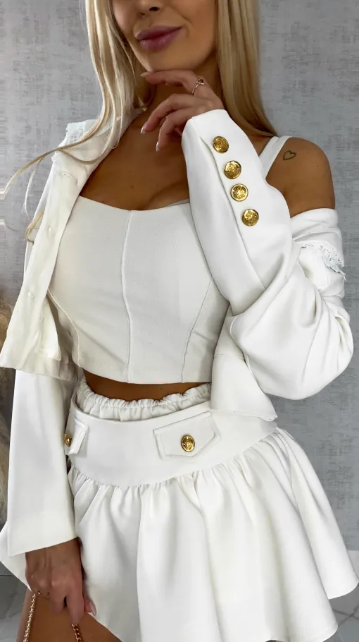 Elegancki komplet ecru MARYNARKA + spódnico spodenki - R393C