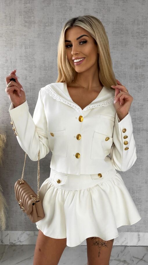 Elegancki komplet ecru MARYNARKA + spódnico spodenki - R393C