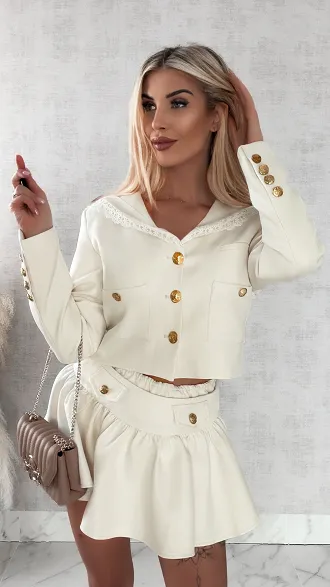 Elegancki komplet ecru MARYNARKA + spódnico spodenki - R393C