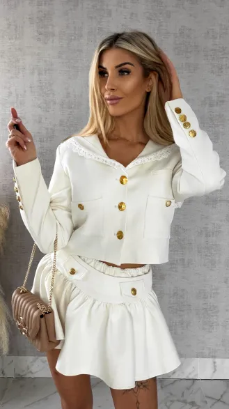 Elegancki komplet ecru MARYNARKA + spódnico spodenki - R393C