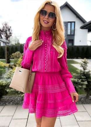 Różowa sukienka z gumką w tali - L963