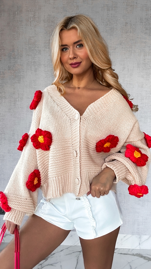 Ekskluzywny beżowy sweter kardigan w czerwone stokrotki - P156