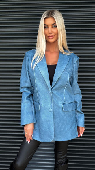 Marynarka oversize z eko skóry w jeansowym stylu BLUE - S344