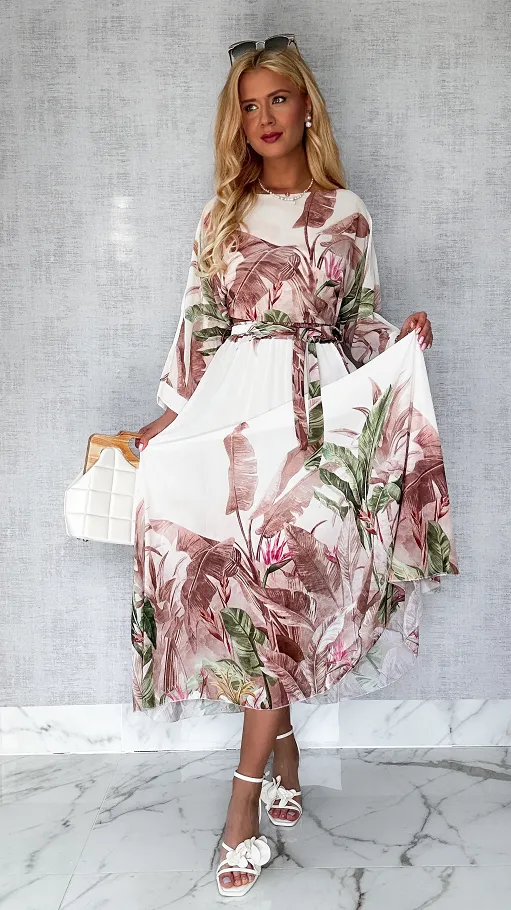 Niesamowity komplet w BEŻOWE kwiaty bluzka + maxi spódnica ONE SIZE - P449A