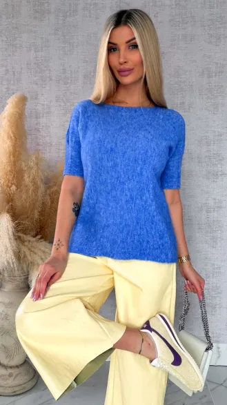 Idealny wiosenny sweter z krótkim rękawem NIEBIESKI - R660