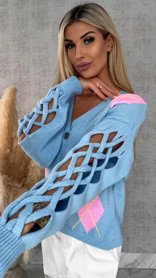 Wiosenny sweter z ażurowymi rękawkami BLUE - R665