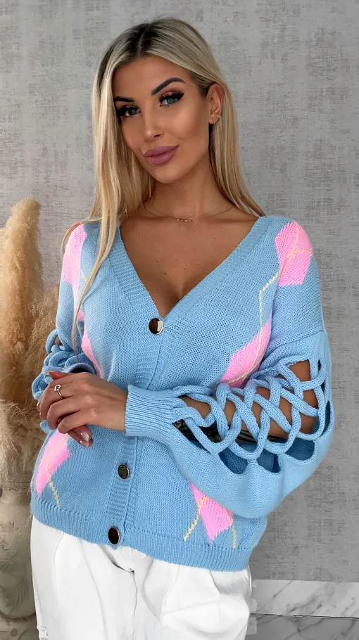 Wiosenny sweter z ażurowymi rękawkami BLUE - R665