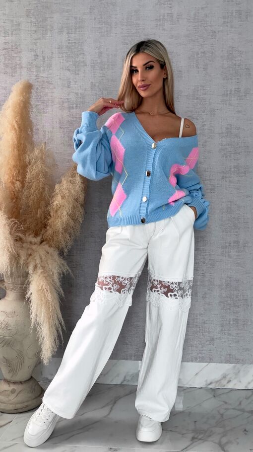 Wiosenny sweter z ażurowymi rękawkami BLUE - R665