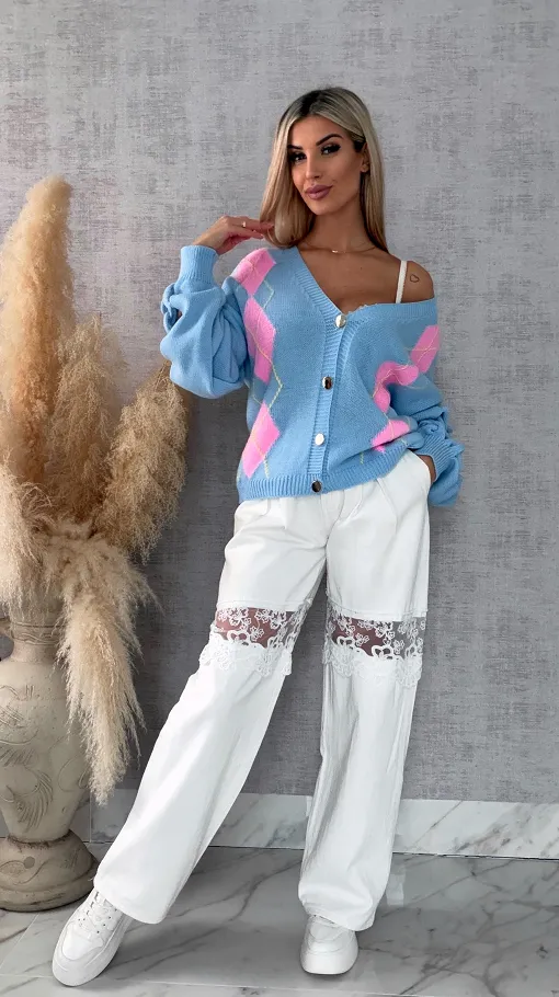 Wiosenny sweter z ażurowymi rękawkami BLUE - R665