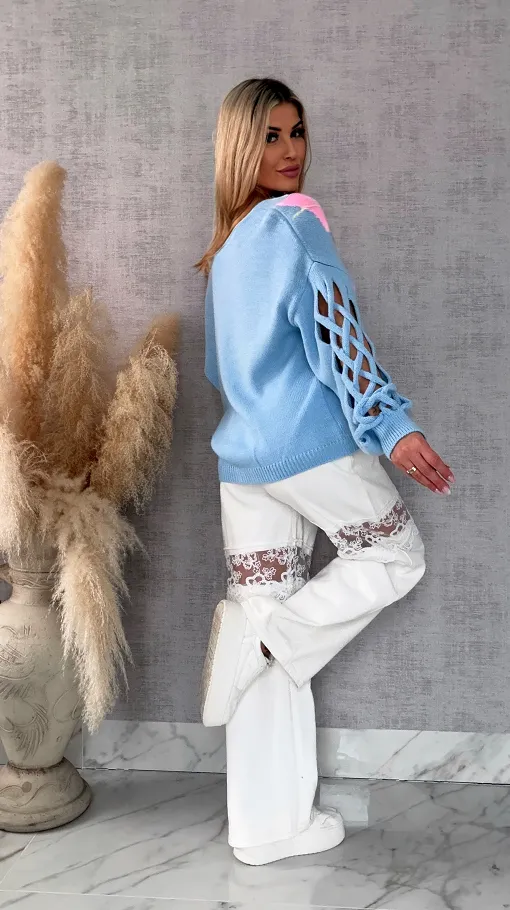 Wiosenny sweter z ażurowymi rękawkami BLUE - R665