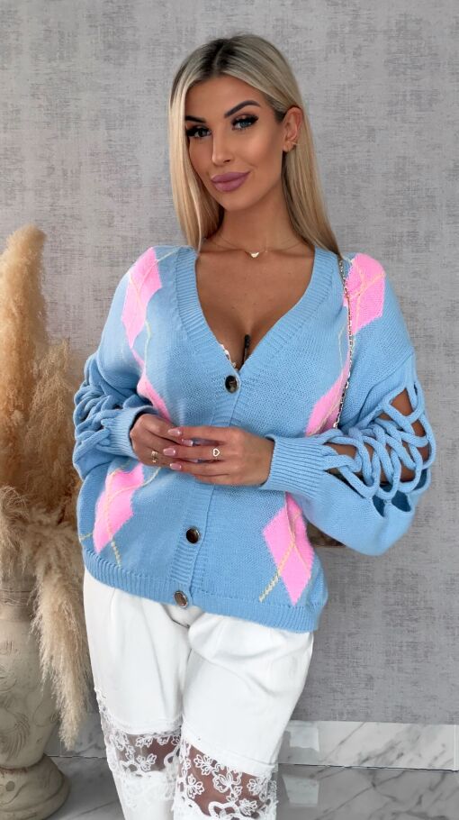 Wiosenny sweter z ażurowymi rękawkami BLUE - R665