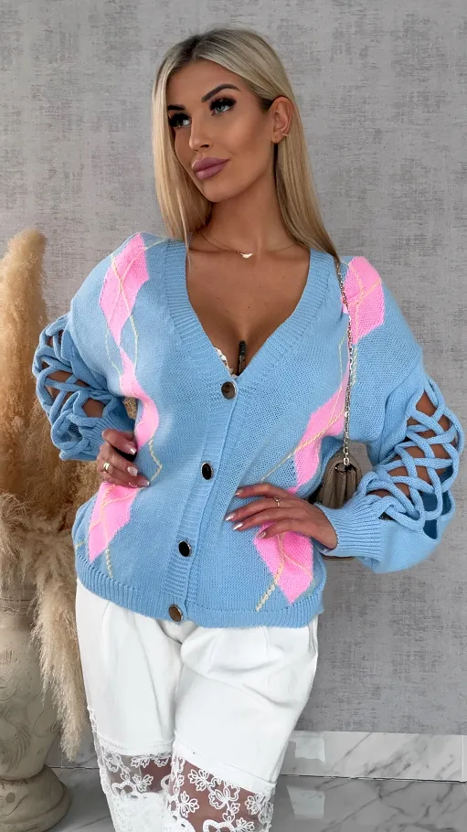 Wiosenny sweter z ażurowymi rękawkami BLUE - R665