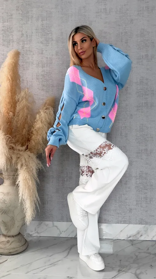 Wiosenny sweter z ażurowymi rękawkami BLUE - R665