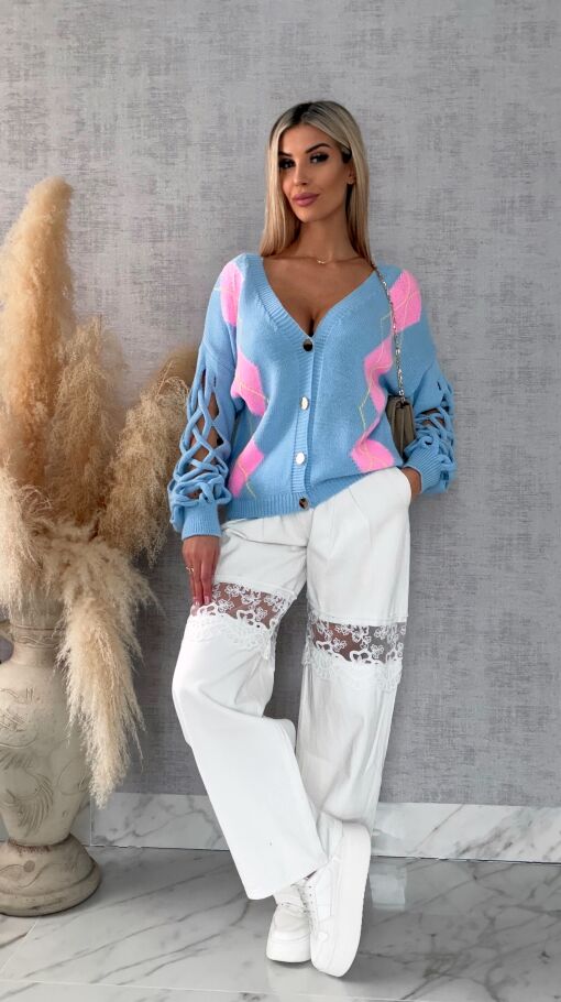Wiosenny sweter z ażurowymi rękawkami BLUE - R665