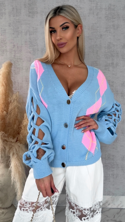 Wiosenny sweter z ażurowymi rękawkami BLUE - R665