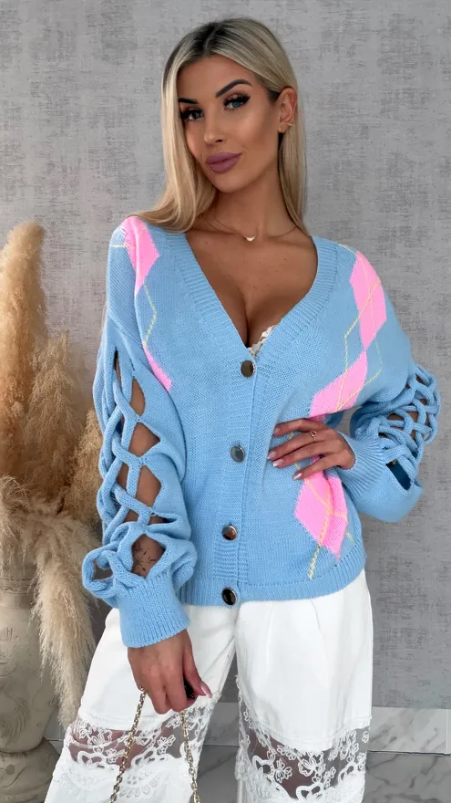 Wiosenny sweter z ażurowymi rękawkami BLUE - R665