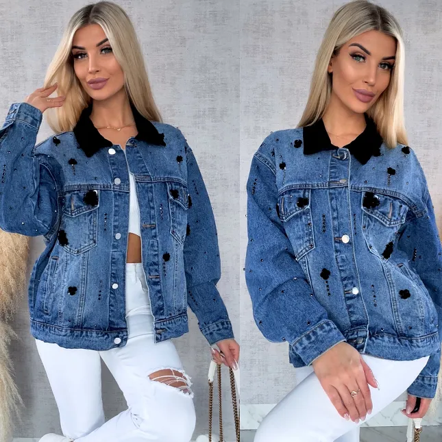 Oryginalna katana jeansowa zdobiona czarnymi cyrkoniami i cekinami ONE SIZE - R611