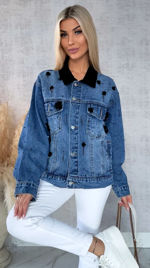 Oryginalna katana jeansowa zdobiona czarnymi cyrkoniami i cekinami ONE SIZE - R611