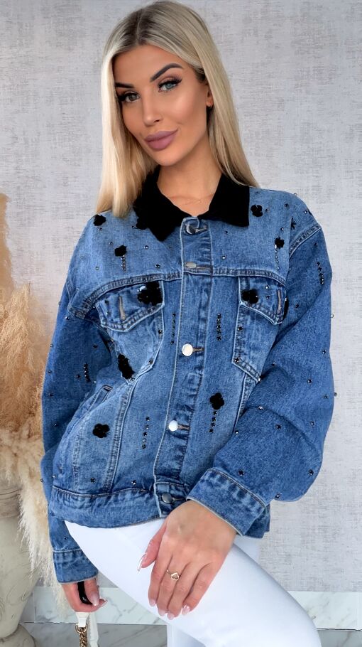 Oryginalna katana jeansowa zdobiona czarnymi cyrkoniami i cekinami ONE SIZE - R611