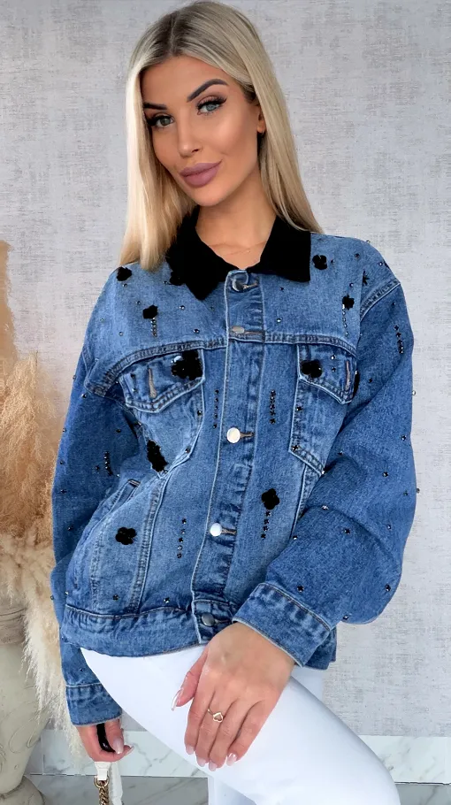 Oryginalna katana jeansowa zdobiona czarnymi cyrkoniami i cekinami ONE SIZE - R611