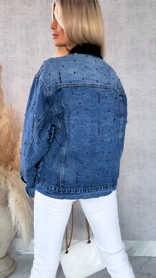 Oryginalna katana jeansowa zdobiona czarnymi cyrkoniami i cekinami ONE SIZE - R611