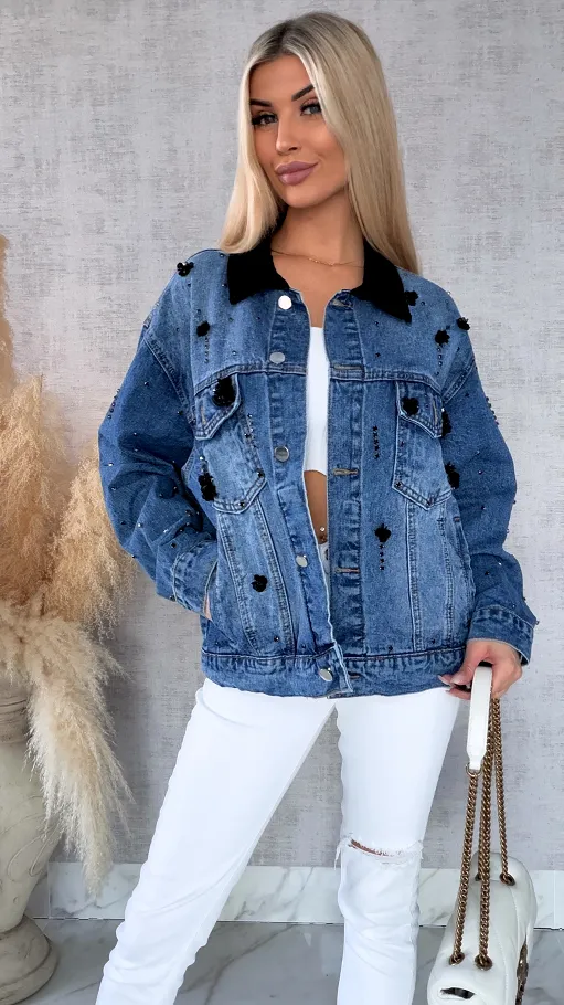 Oryginalna katana jeansowa zdobiona czarnymi cyrkoniami i cekinami ONE SIZE - R611