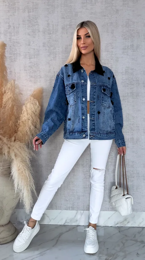 Oryginalna katana jeansowa zdobiona czarnymi cyrkoniami i cekinami ONE SIZE - R611