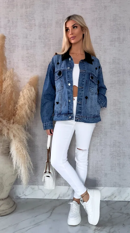 Oryginalna katana jeansowa zdobiona czarnymi cyrkoniami i cekinami ONE SIZE - R611