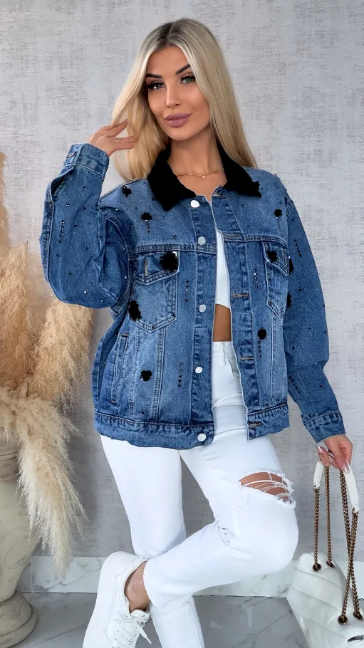 Oryginalna katana jeansowa zdobiona czarnymi cyrkoniami i cekinami ONE SIZE - R611