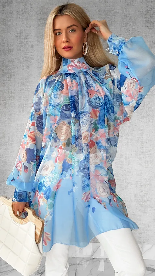 Kwiatowa długa bluzka mgiełka TUNIKA one size NIEBIESKA - P508C