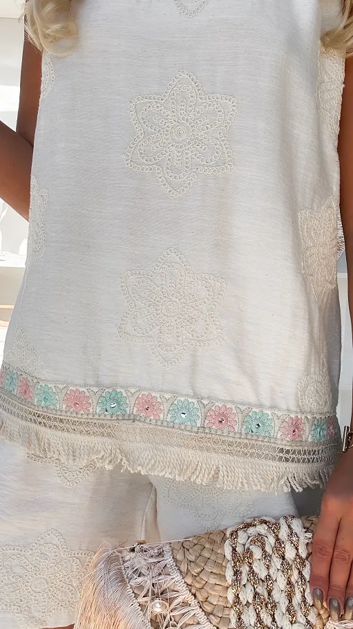 Letni elegancki komplet bawełniany z lnem w kolorze ecru ONE SIZE - P860